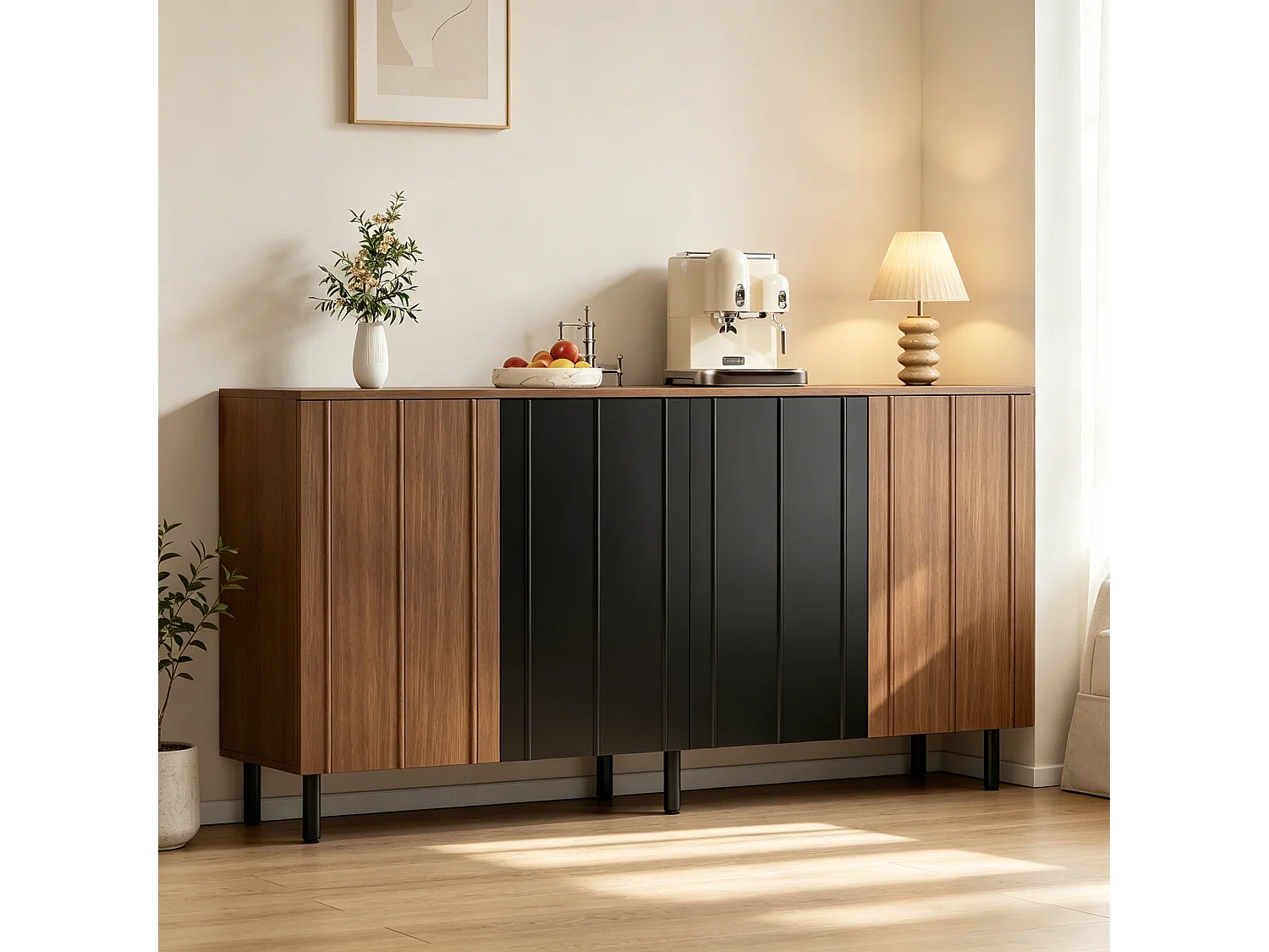 Buffet style rétro 160x35x80 cm - avec 4 portes et 2 tiroirs - Couleur bois de noyer et noir