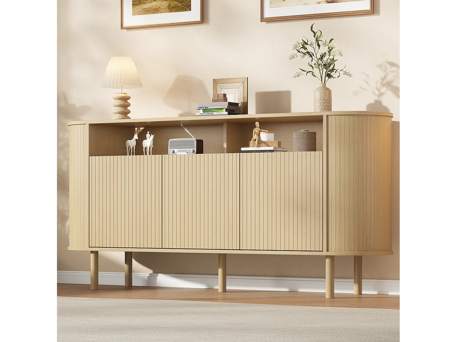 Moderne Anrichte 160x40x78,5 cm - 3 Wellentüren und offene Regale - Füße aus Massivholz - Spanplatten - Natur