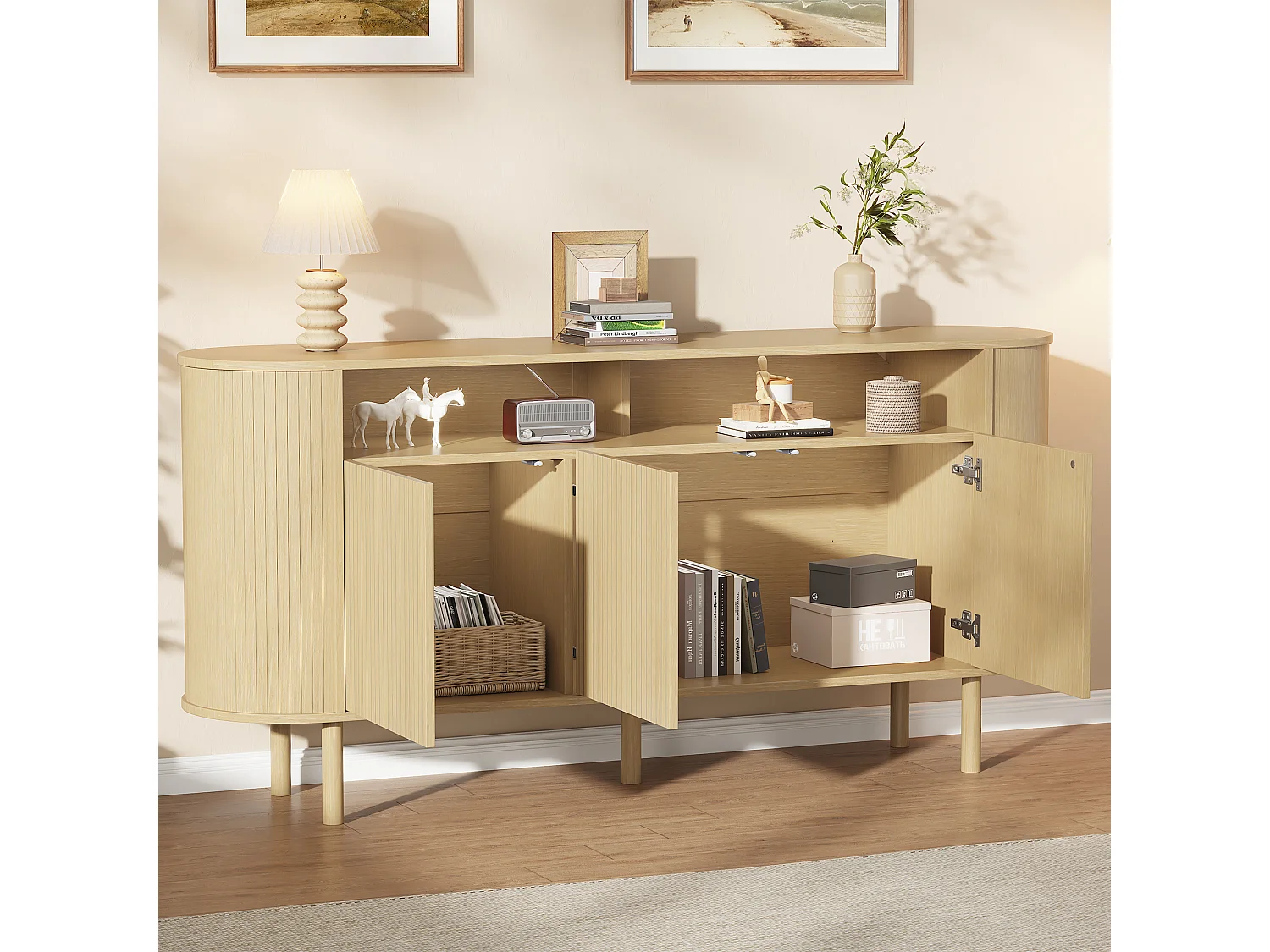 Moderne Anrichte 160x40x78,5 cm - 3 Wellentüren und offene Regale - Füße aus Massivholz - Spanplatten - Natur