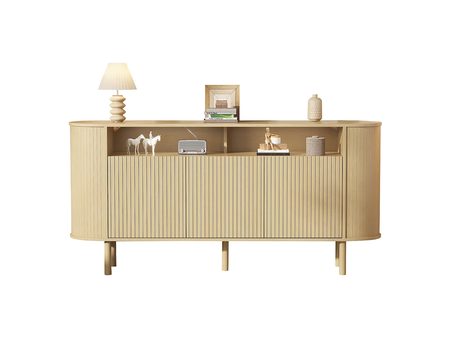Moderne Anrichte 160x40x78,5 cm - 3 Wellentüren und offene Regale - Füße aus Massivholz - Spanplatten - Natur