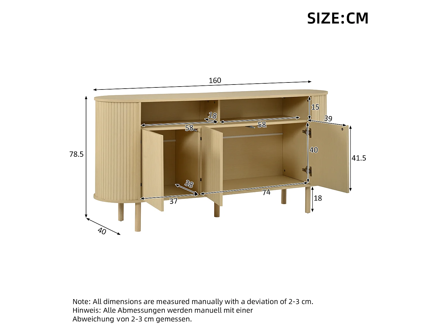 Moderne Anrichte 160x40x78,5 cm - 3 Wellentüren und offene Regale - Füße aus Massivholz - Spanplatten - Natur