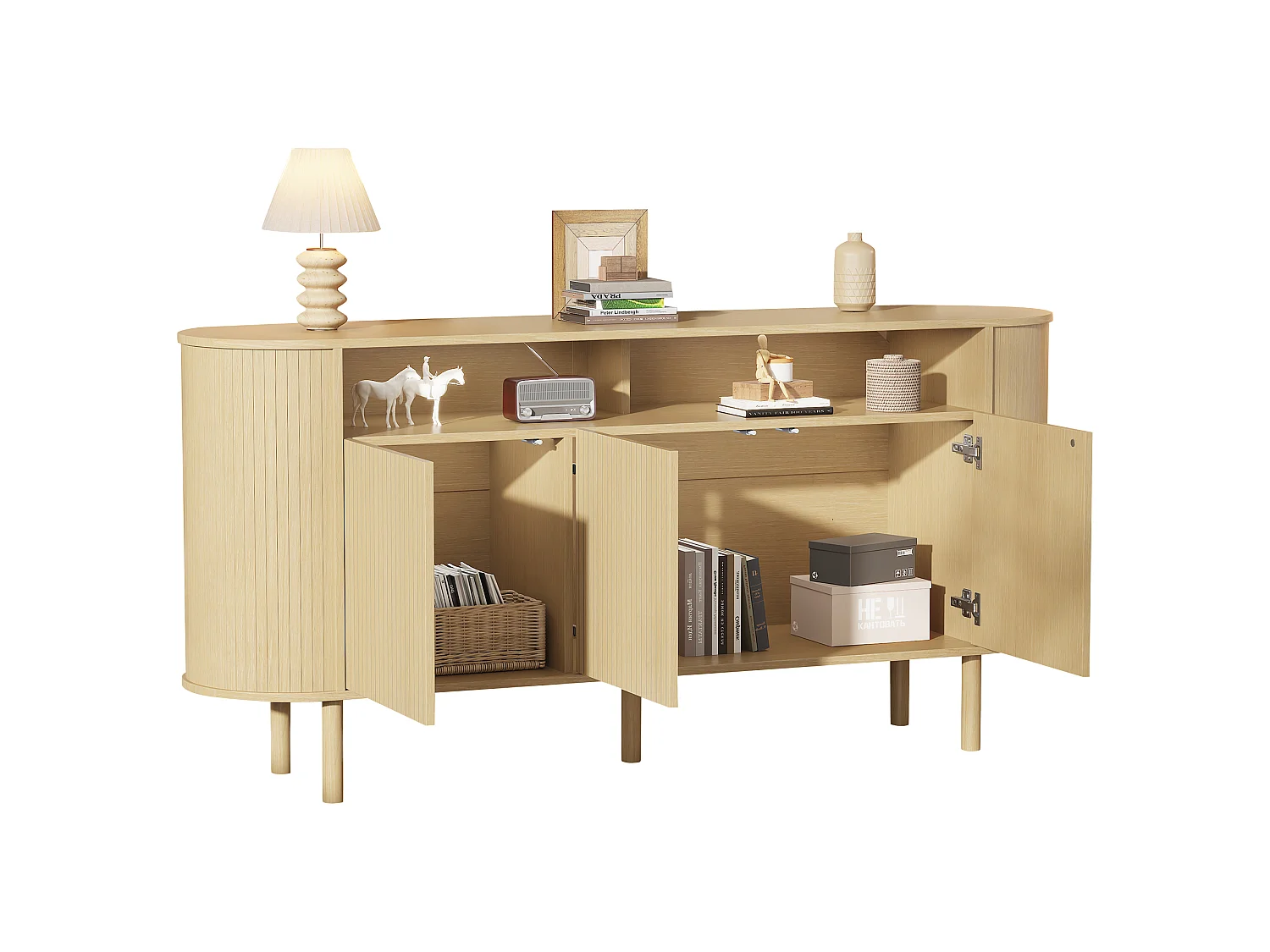 Moderne Anrichte 160x40x78,5 cm - 3 Wellentüren und offene Regale - Füße aus Massivholz - Spanplatten - Natur