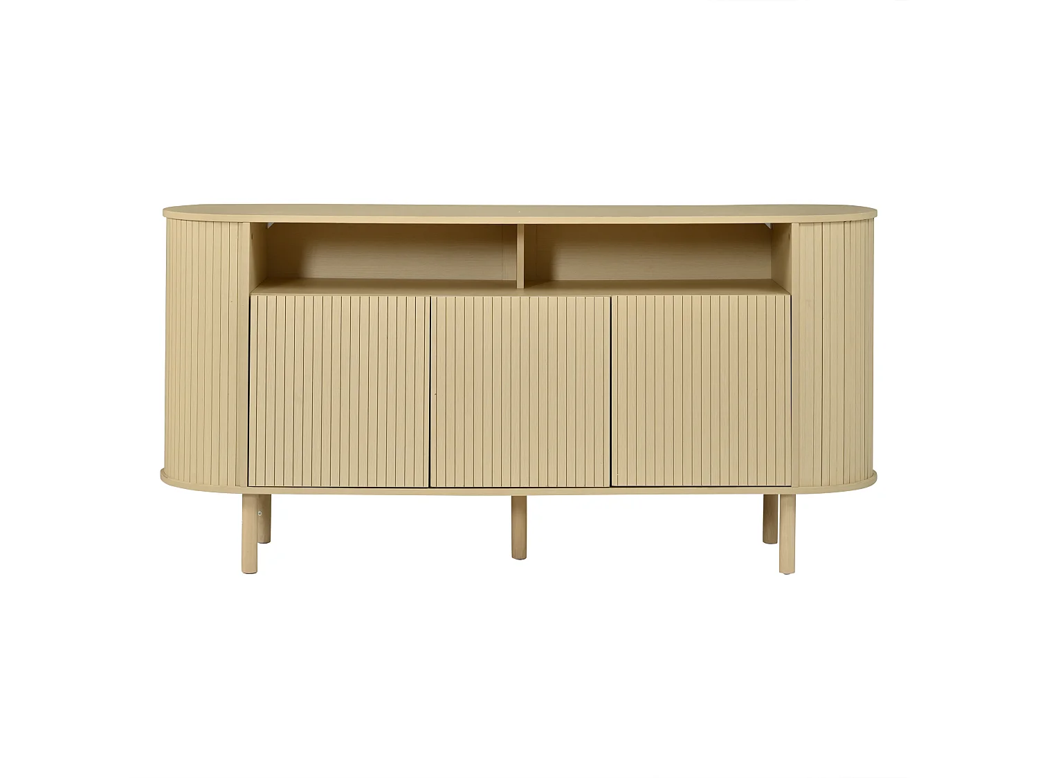 Moderne Anrichte 160x40x78,5 cm - 3 Wellentüren und offene Regale - Füße aus Massivholz - Spanplatten - Natur