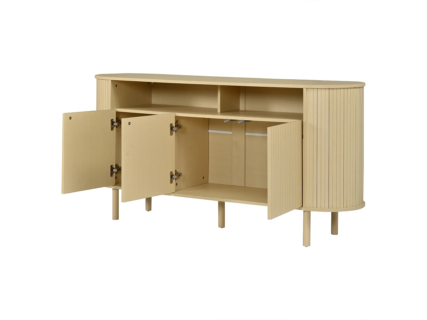 Moderne Anrichte 160x40x78,5 cm - 3 Wellentüren und offene Regale - Füße aus Massivholz - Spanplatten - Natur