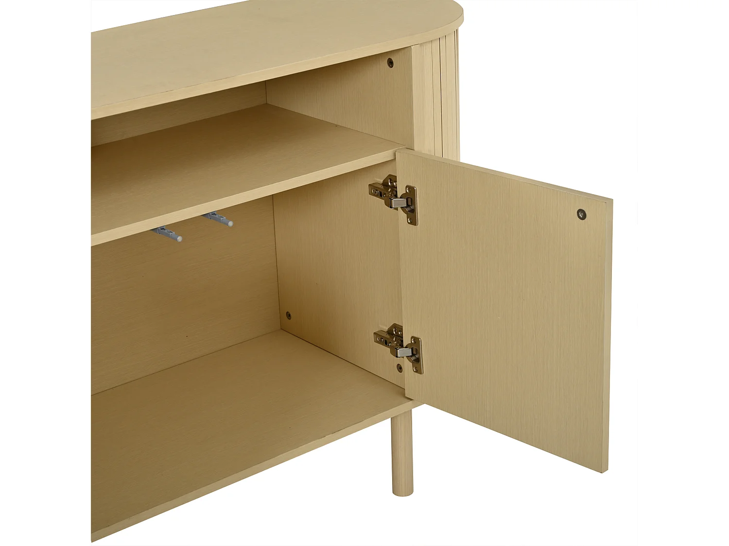 Moderne Anrichte 160x40x78,5 cm - 3 Wellentüren und offene Regale - Füße aus Massivholz - Spanplatten - Natur