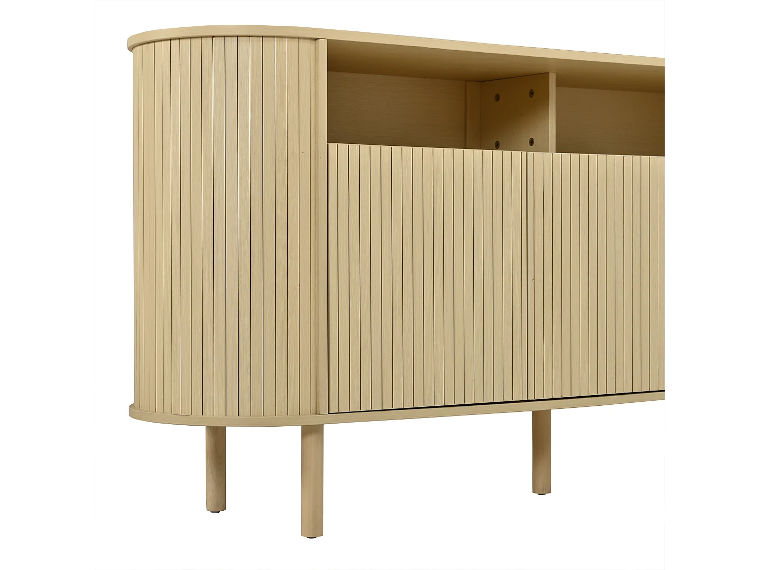 Moderne Anrichte 160x40x78,5 cm - 3 Wellentüren und offene Regale - Füße aus Massivholz - Spanplatten - Natur