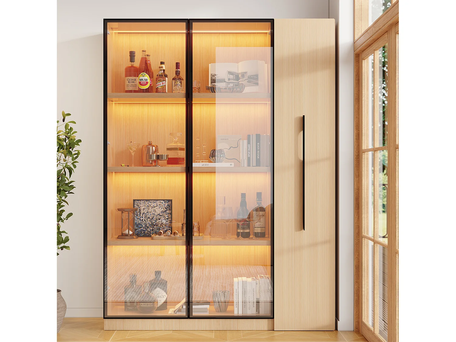 Vitrine multifonction avec éclairage LED, 2 portes et 1 tiroir coulissant - MDF et verre - 110,5 x 35 x 160 cm - Chêne