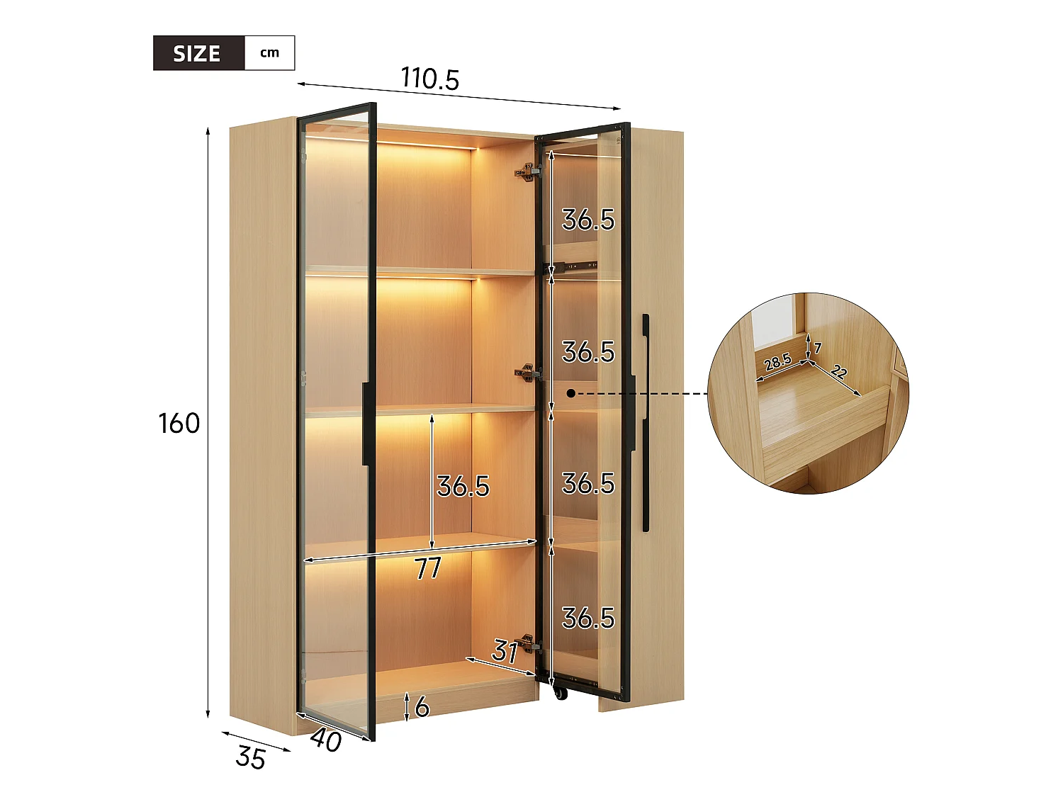 Vitrine multifonction avec éclairage LED, 2 portes et 1 tiroir coulissant - MDF et verre - 110,5 x 35 x 160 cm - Chêne