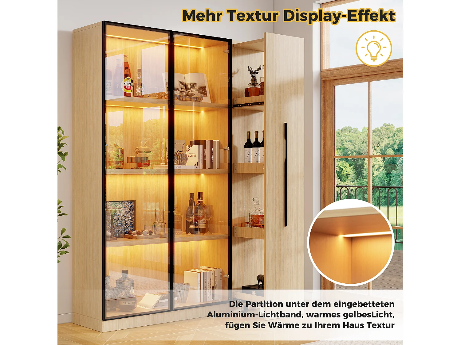 Vitrine multifonction avec éclairage LED, 2 portes et 1 tiroir coulissant - MDF et verre - 110,5 x 35 x 160 cm - Chêne