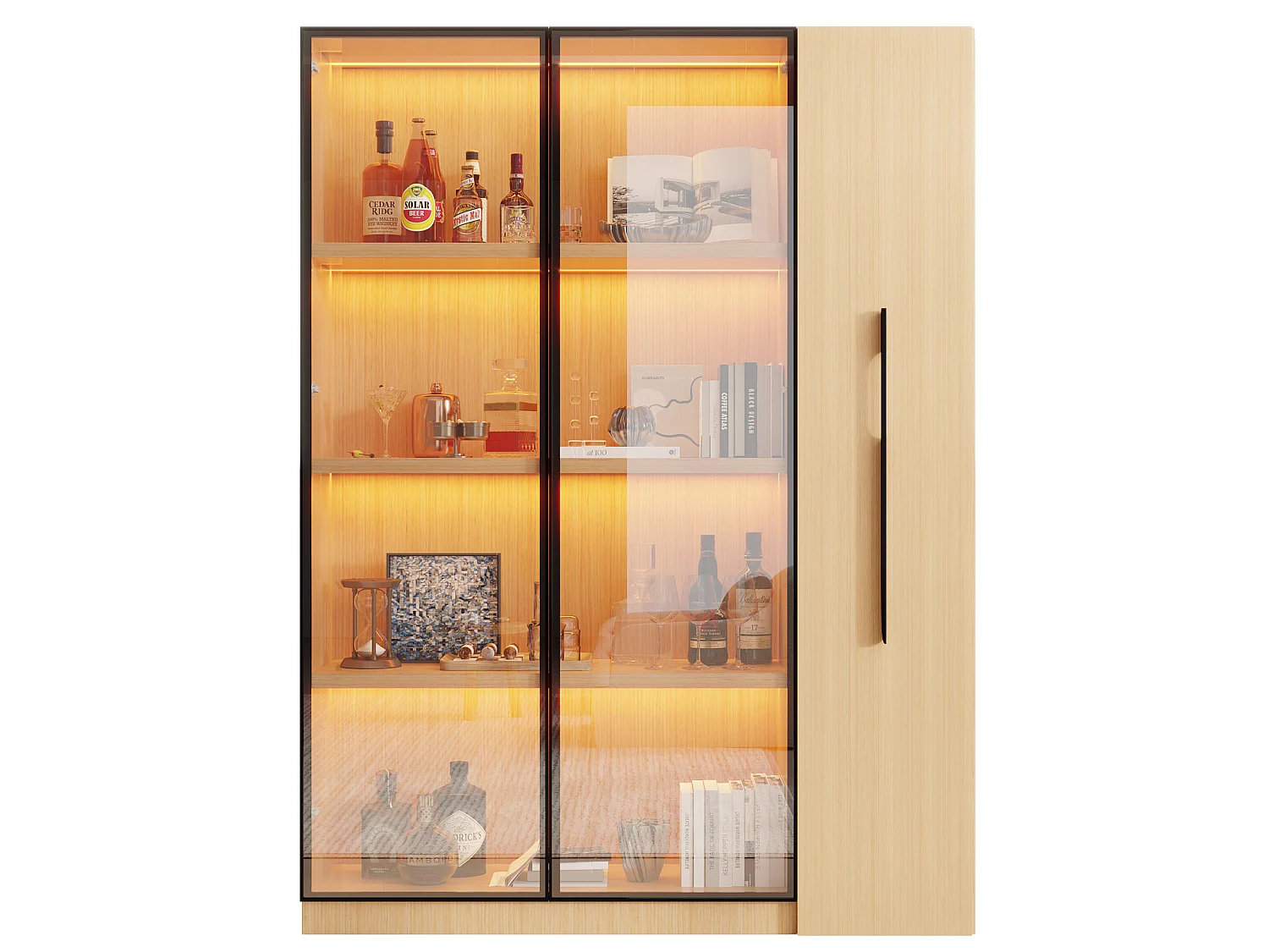 Vitrine multifonction avec éclairage LED, 2 portes et 1 tiroir coulissant - MDF et verre - 110,5 x 35 x 160 cm - Chêne