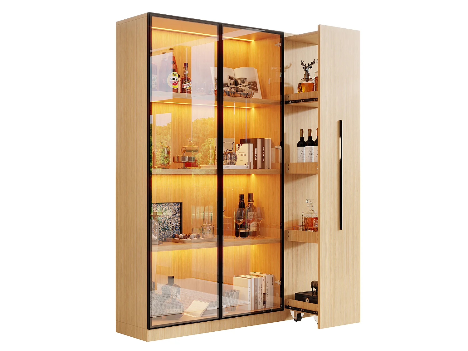 Vitrine multifonction avec éclairage LED, 2 portes et 1 tiroir coulissant - MDF et verre - 110,5 x 35 x 160 cm - Chêne
