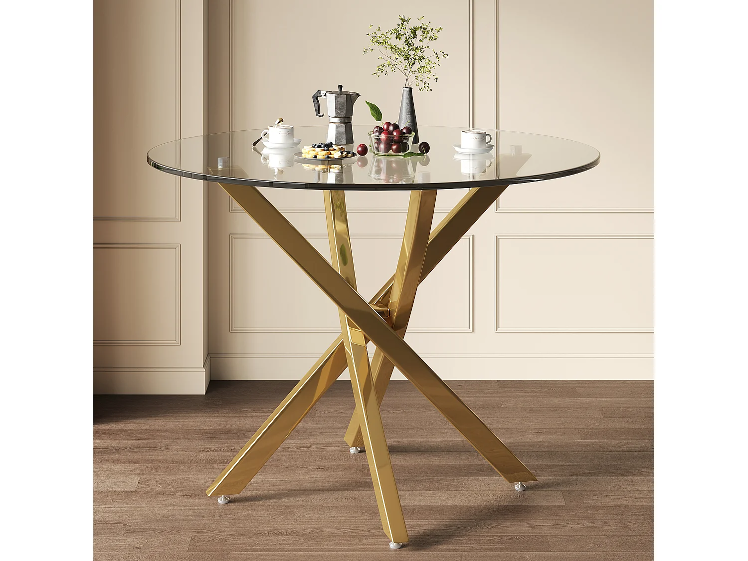 Table de salle à manger ronde 80 x 80 x 75 cm - Plateau en verre - Pieds plaqués or - Doré +verre