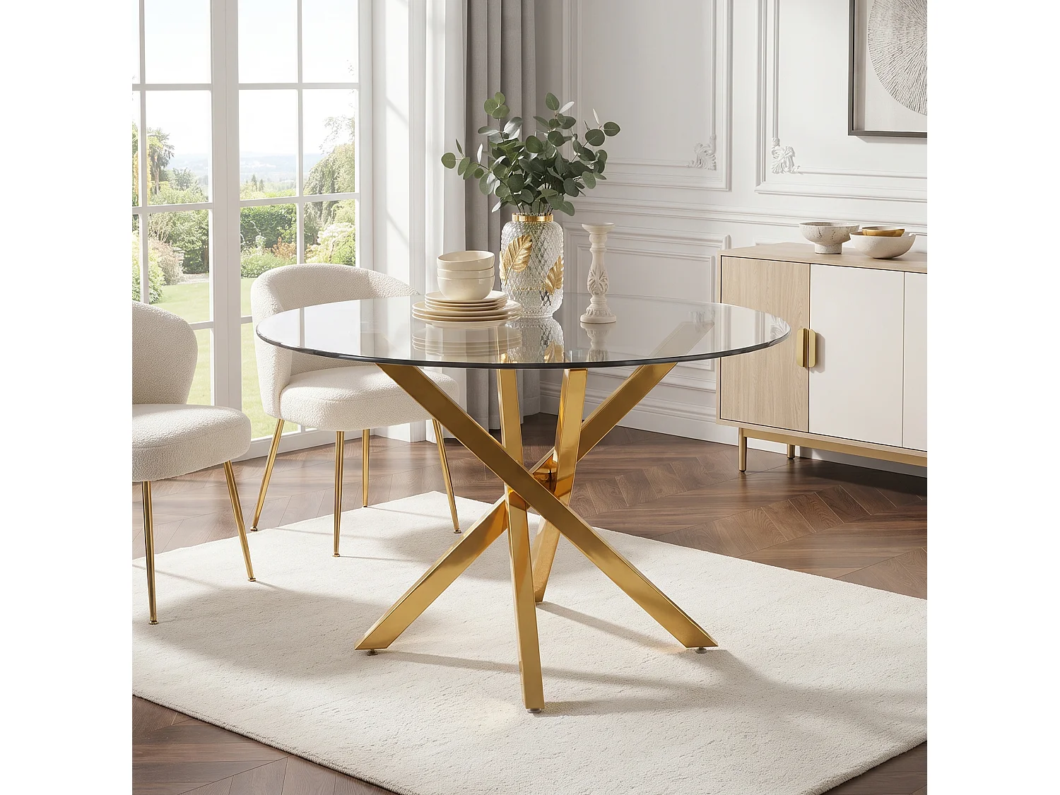 Table de salle à manger ronde 80 x 80 x 75 cm - Plateau en verre - Pieds plaqués or - Doré +verre