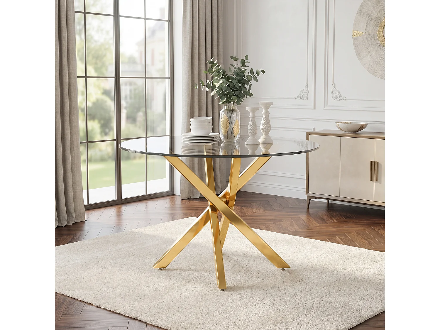 Table de salle à manger ronde 80 x 80 x 75 cm - Plateau en verre - Pieds plaqués or - Doré +verre