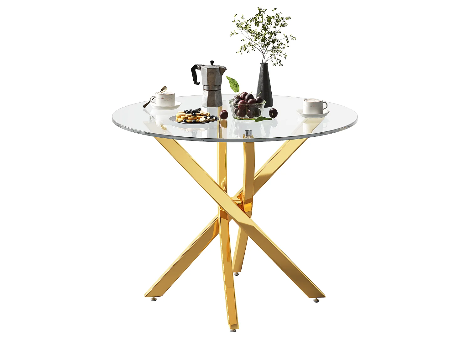 Table de salle à manger ronde 80 x 80 x 75 cm - Plateau en verre - Pieds plaqués or - Doré +verre