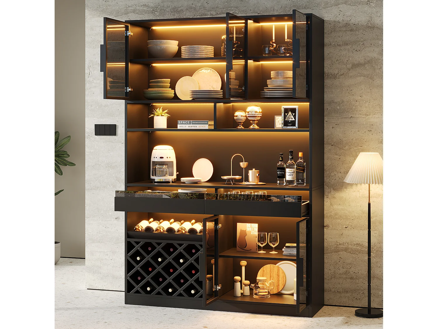 Buffet moderne 120 x 38 x 200 cm - Éclairage LED - Casier à verres à vin - 5 portes vitrées et 2 tiroirs - Noir