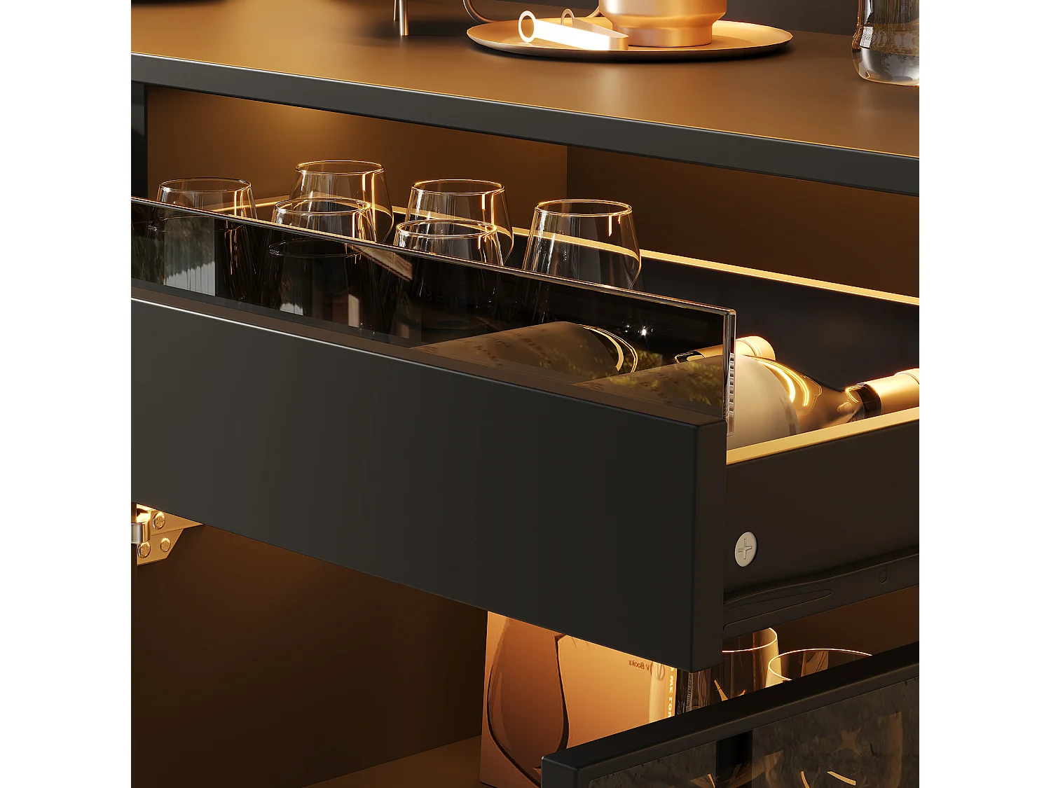 Buffet moderne 120 x 38 x 200 cm - Éclairage LED - Casier à verres à vin - 5 portes vitrées et 2 tiroirs - Noir