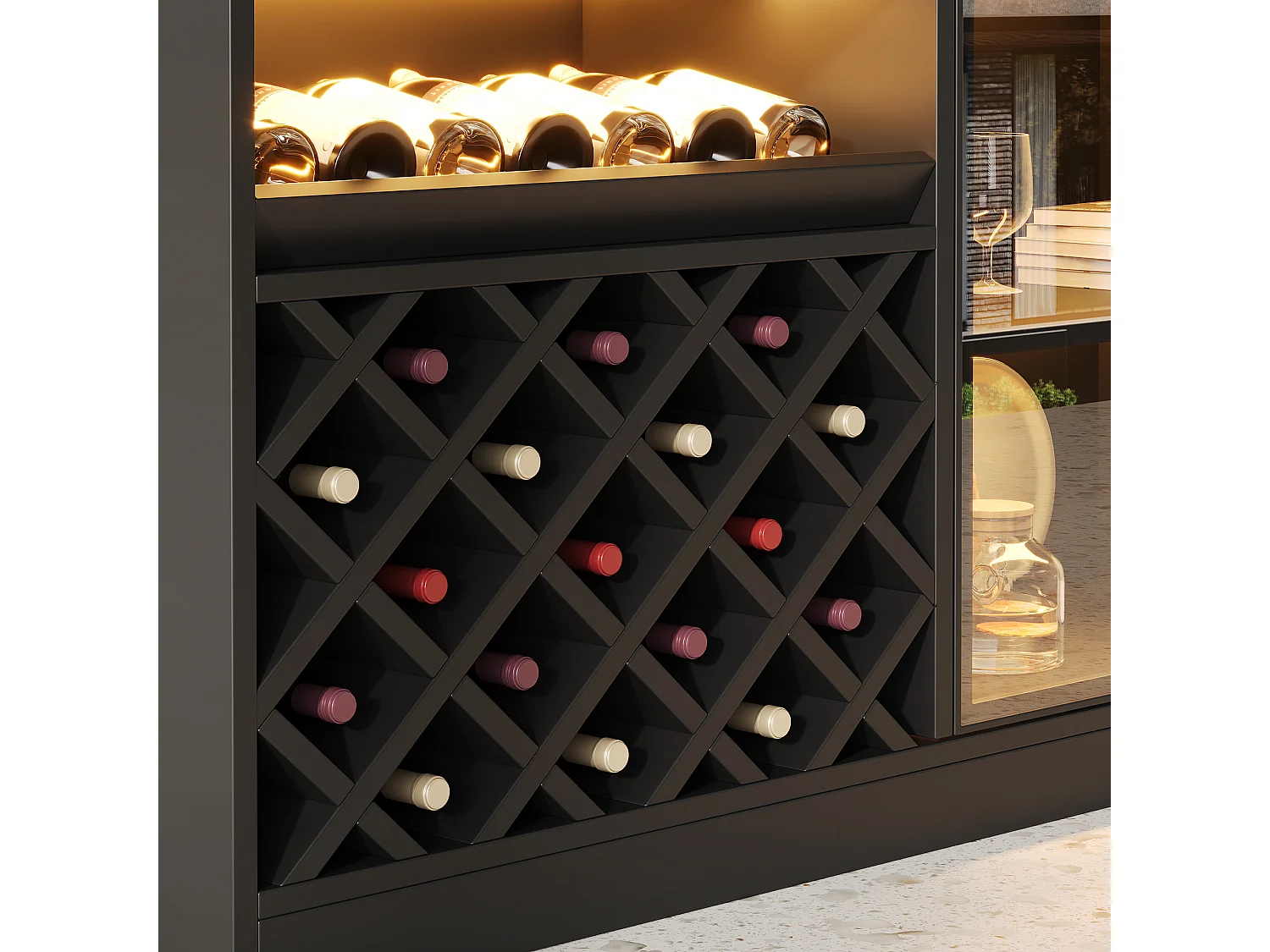 Buffet moderne 120 x 38 x 200 cm - Éclairage LED - Casier à verres à vin - 5 portes vitrées et 2 tiroirs - Noir