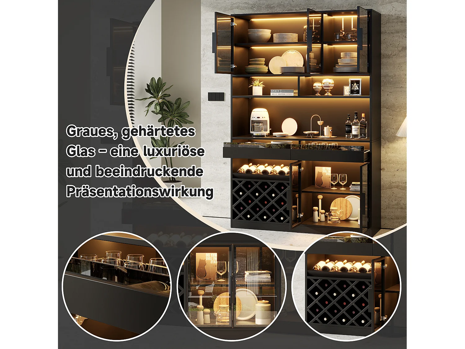 Buffet moderne 120 x 38 x 200 cm - Éclairage LED - Casier à verres à vin - 5 portes vitrées et 2 tiroirs - Noir