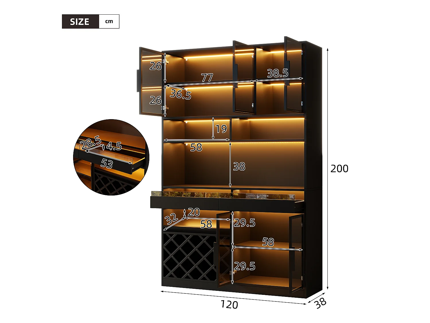 Buffet moderne 120 x 38 x 200 cm - Éclairage LED - Casier à verres à vin - 5 portes vitrées et 2 tiroirs - Noir