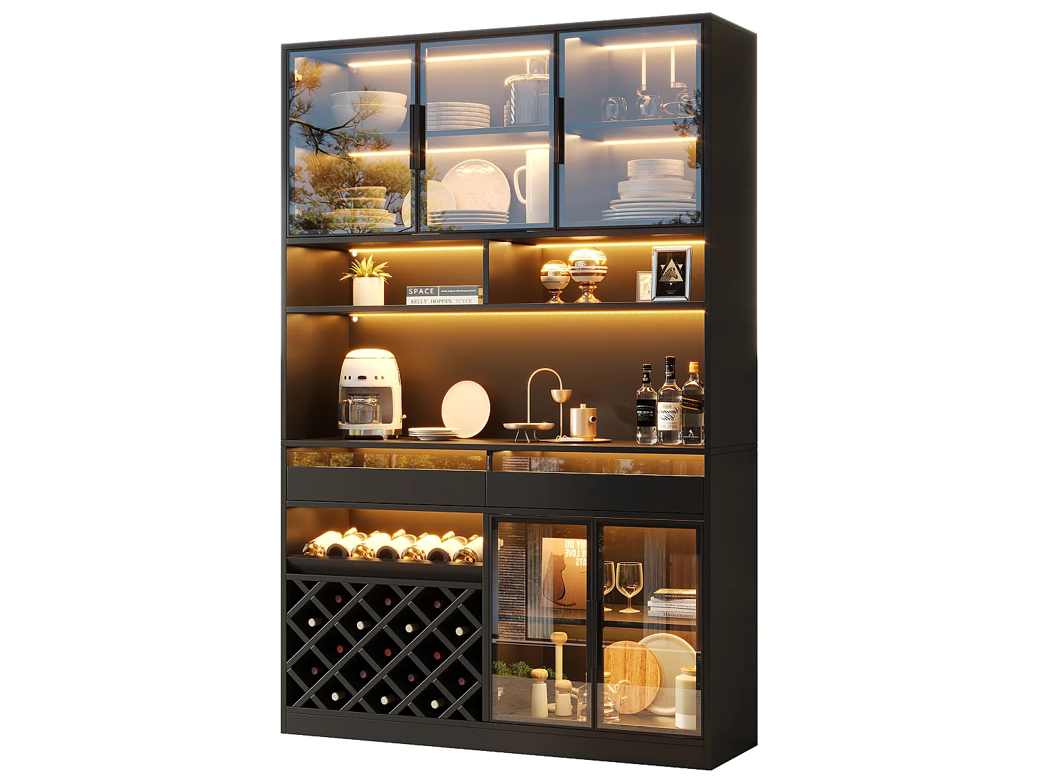 Buffet moderne 120 x 38 x 200 cm - Éclairage LED - Casier à verres à vin - 5 portes vitrées et 2 tiroirs - Noir
