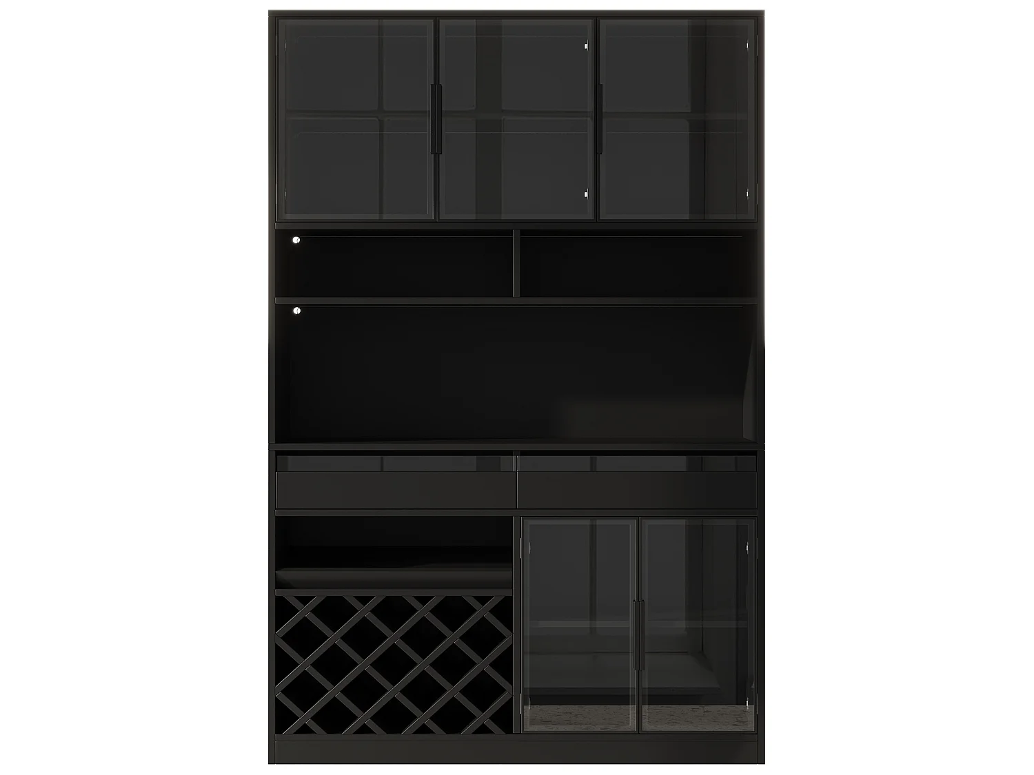 Buffet moderne 120 x 38 x 200 cm - Éclairage LED - Casier à verres à vin - 5 portes vitrées et 2 tiroirs - Noir