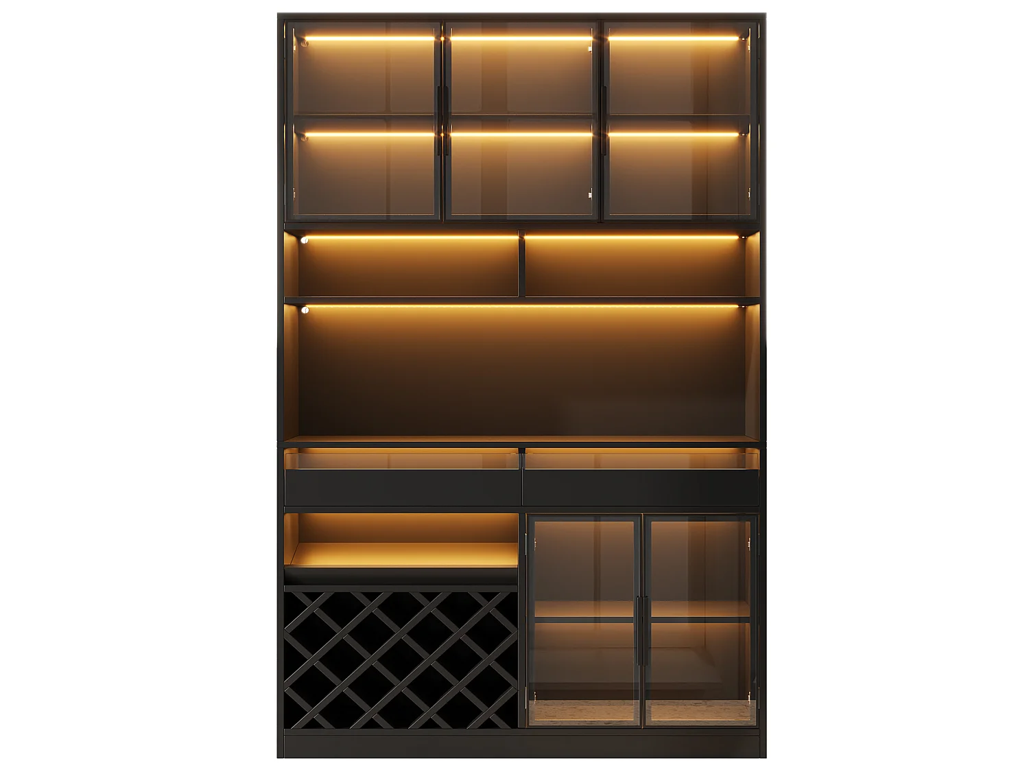 Buffet moderne 120 x 38 x 200 cm - Éclairage LED - Casier à verres à vin - 5 portes vitrées et 2 tiroirs - Noir