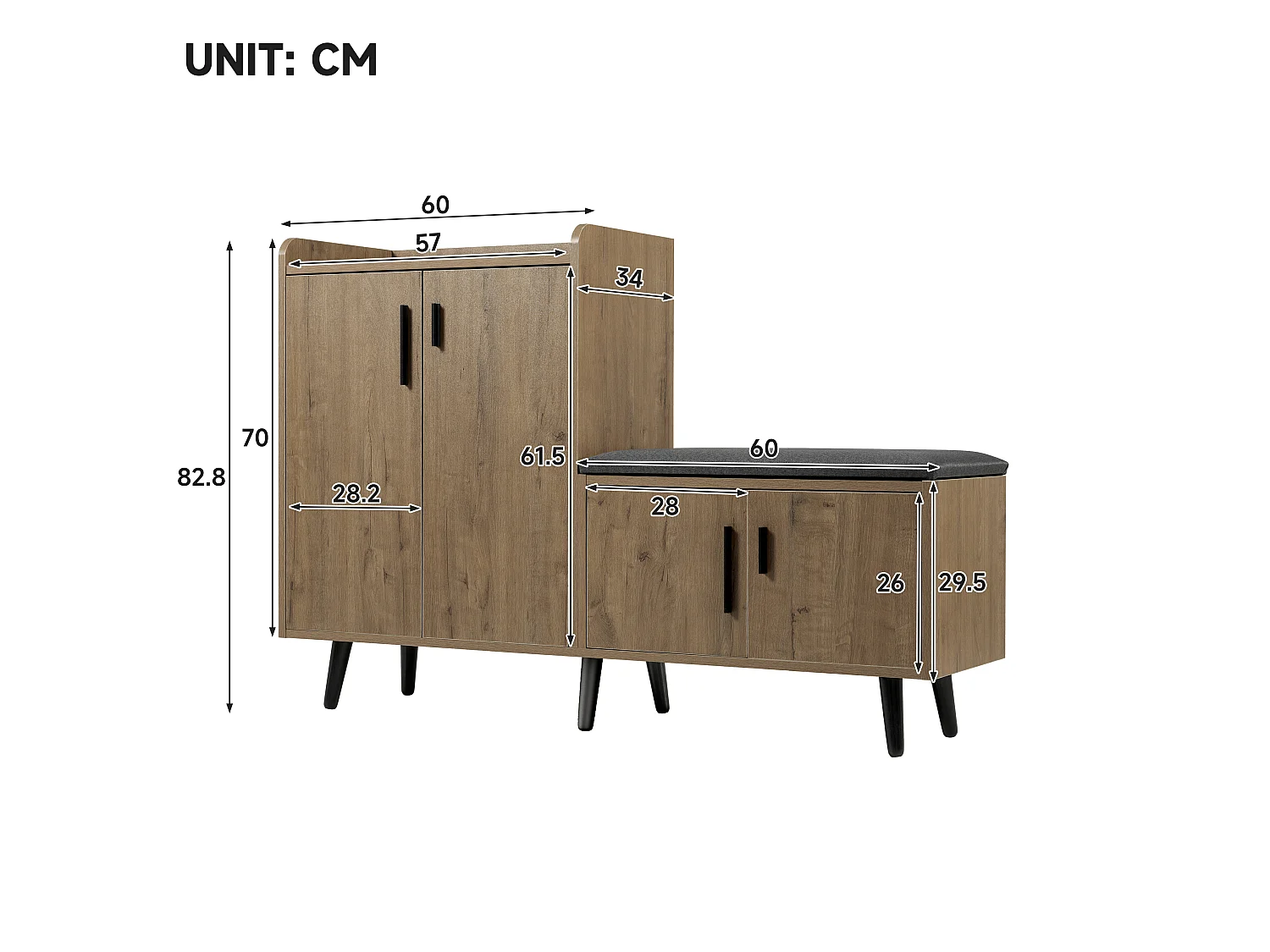 Shoe cabinet with bench, 4 doors and storage shelves - Particleboard - 120 x 34 x 82.8 cm - Natural wood