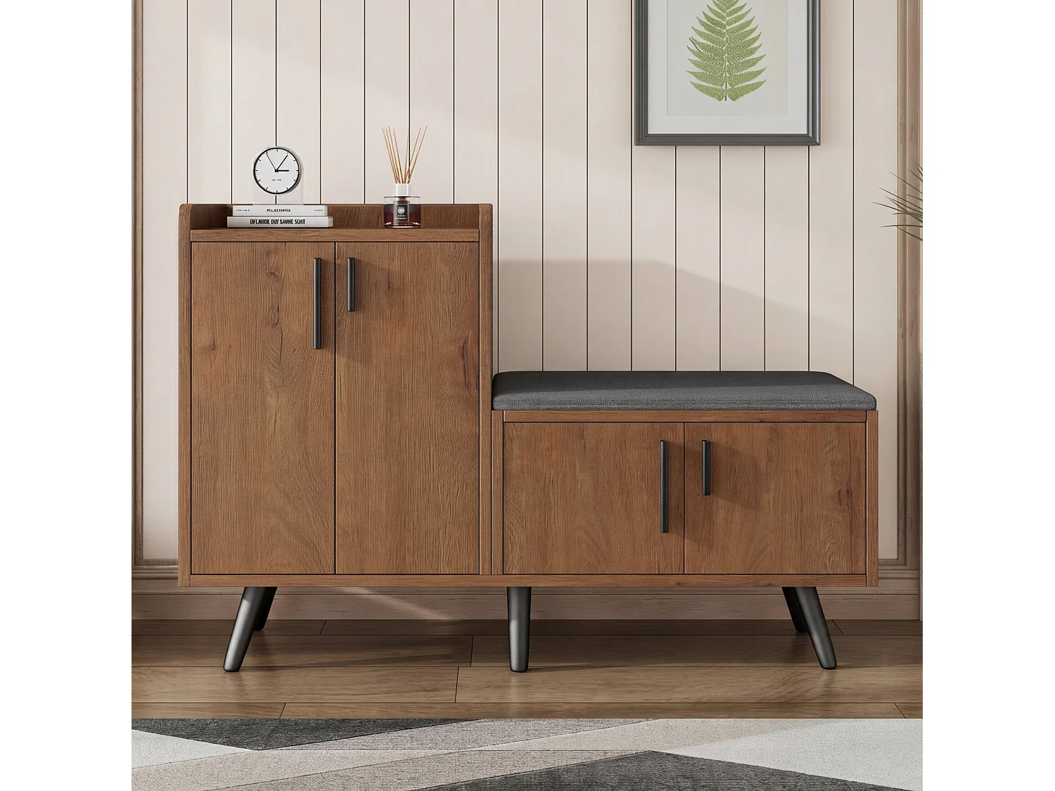 Shoe cabinet with bench, 4 doors and storage shelves - Particleboard - 120 x 34 x 82.8 cm - Natural wood