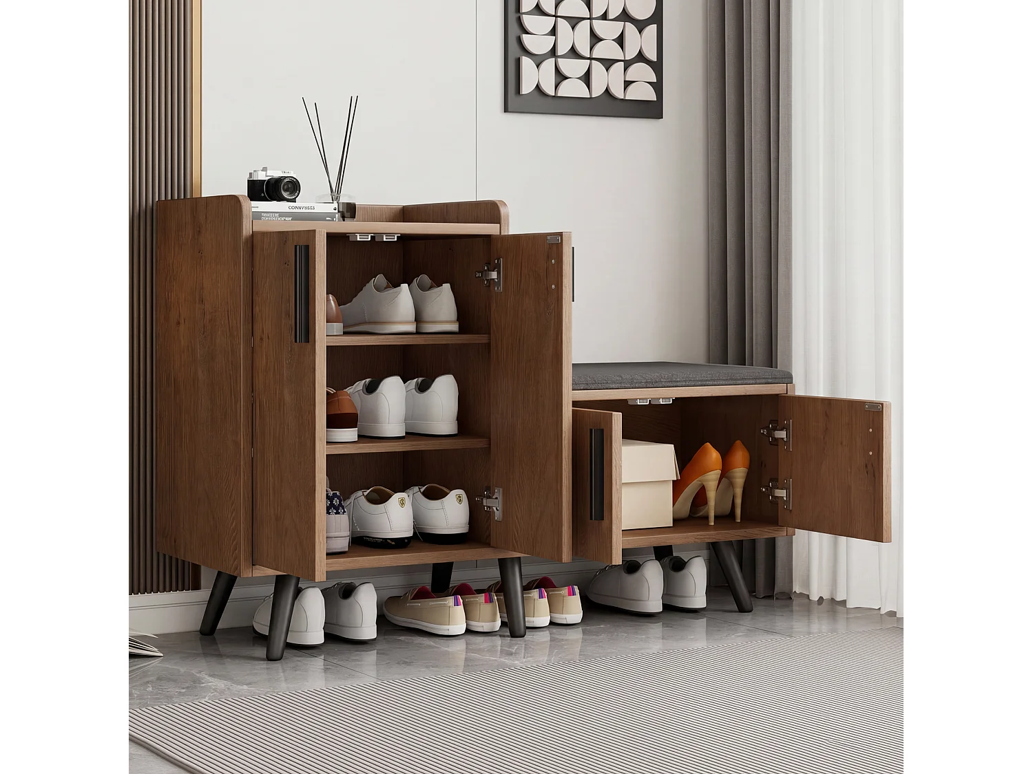 Shoe cabinet with bench, 4 doors and storage shelves - Particleboard - 120 x 34 x 82.8 cm - Natural wood