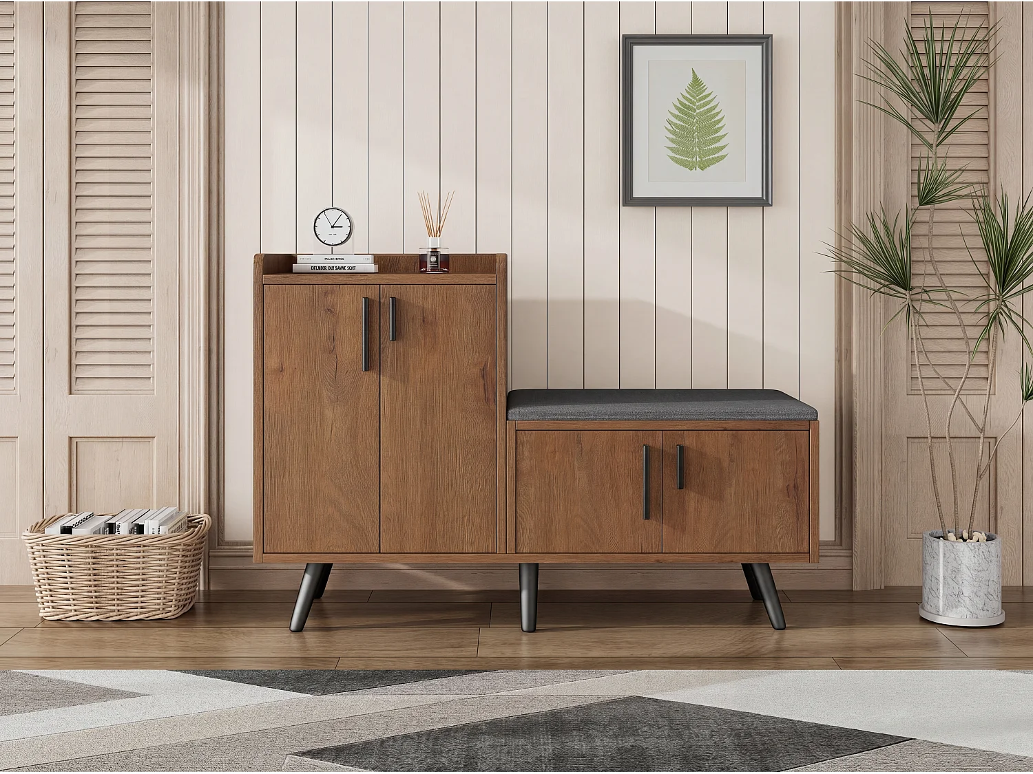Shoe cabinet with bench, 4 doors and storage shelves - Particleboard - 120 x 34 x 82.8 cm - Natural wood
