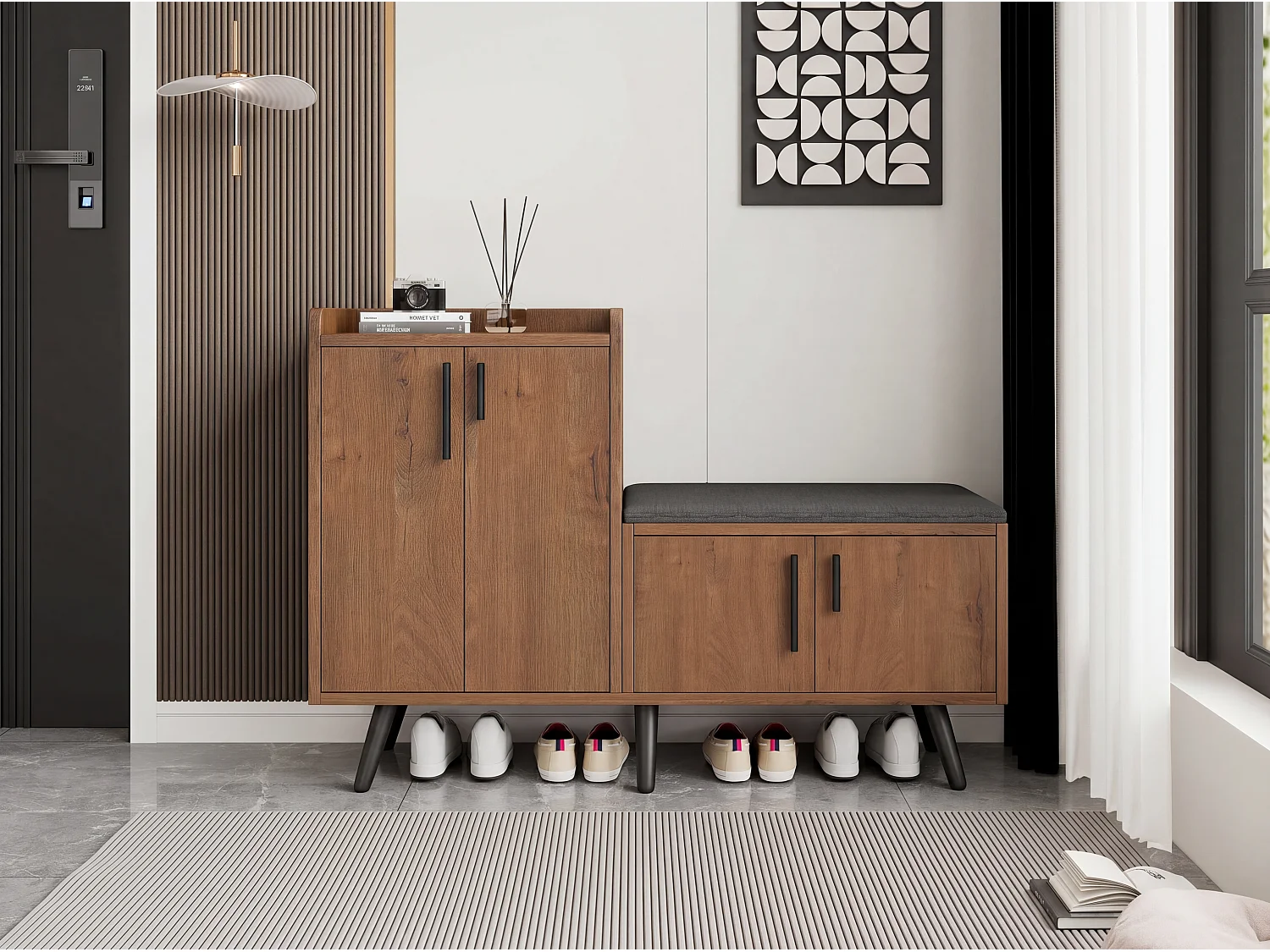 Shoe cabinet with bench, 4 doors and storage shelves - Particleboard - 120 x 34 x 82.8 cm - Natural wood