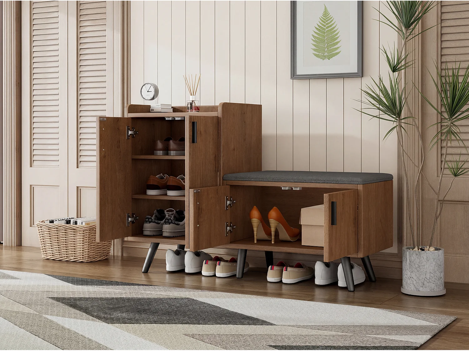 Shoe cabinet with bench, 4 doors and storage shelves - Particleboard - 120 x 34 x 82.8 cm - Natural wood