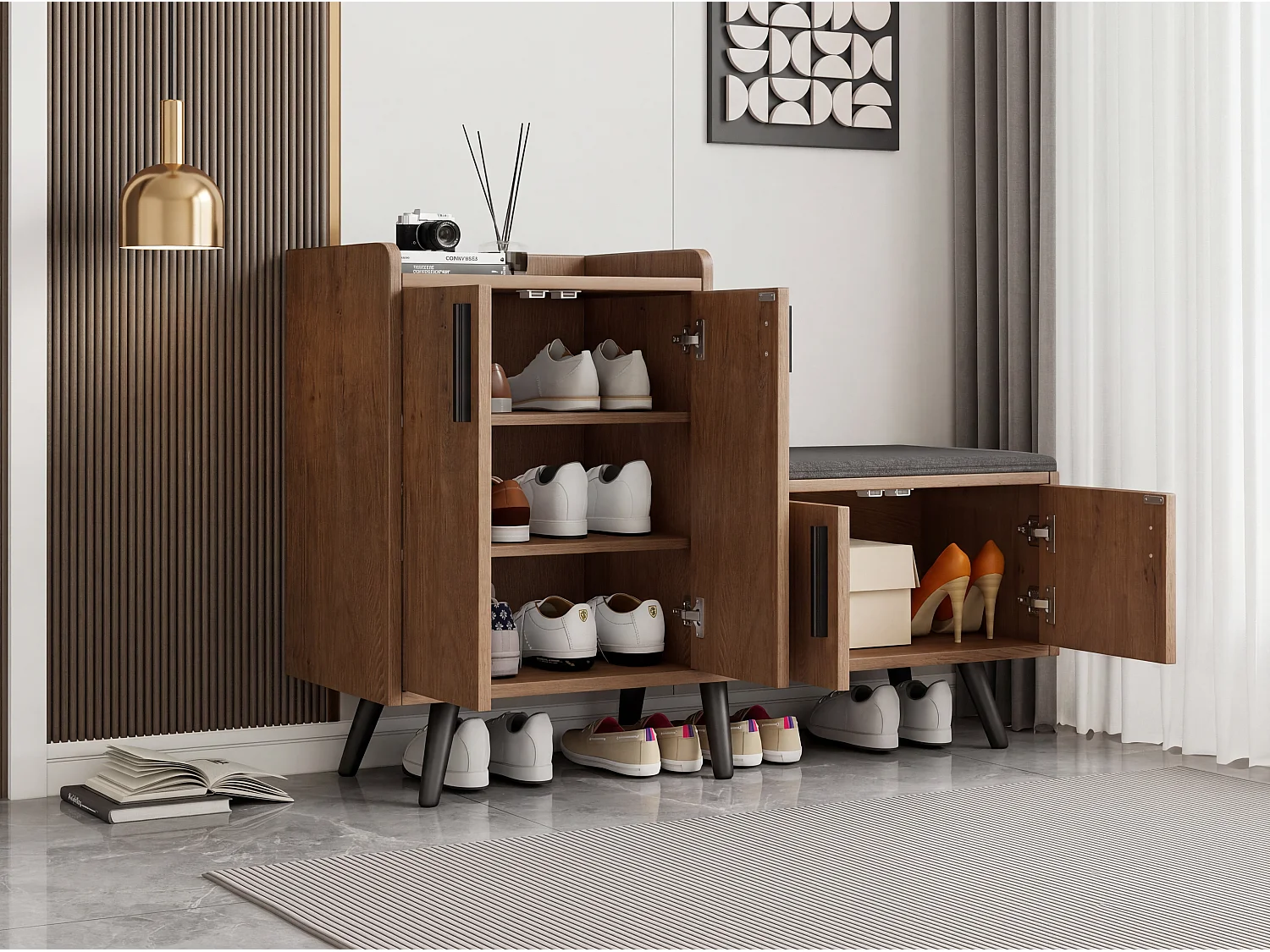 Shoe cabinet with bench, 4 doors and storage shelves - Particleboard - 120 x 34 x 82.8 cm - Natural wood