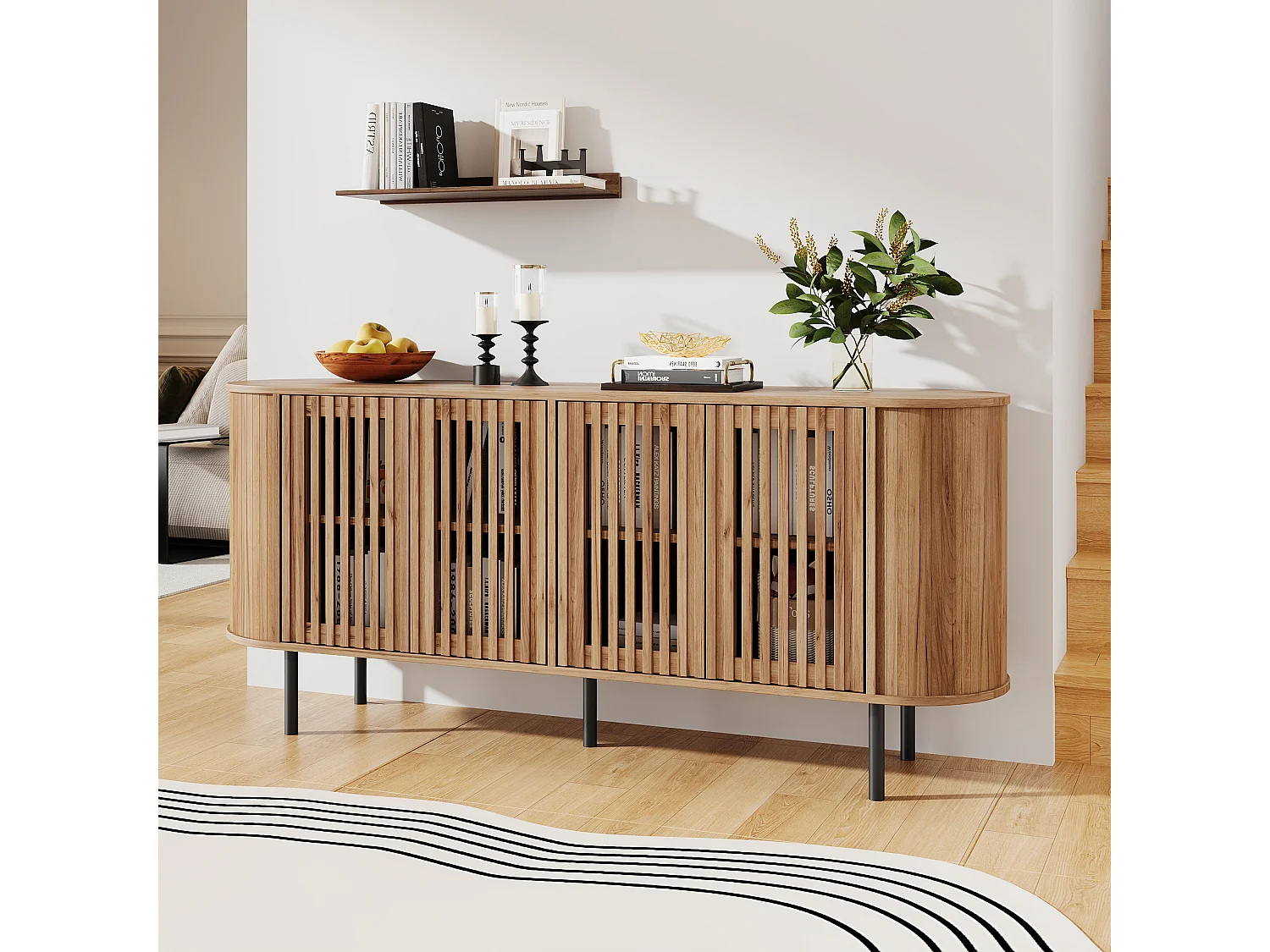 Buffet moderne 160x40x70 cm - 4 portes coulissantes ajourées - Étagères réglables et pieds en métal - Finition bois - Naturel