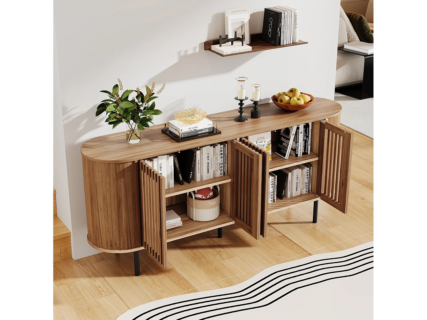 Buffet moderne 160x40x70 cm - 4 portes coulissantes ajourées - Étagères réglables et pieds en métal - Finition bois - Naturel