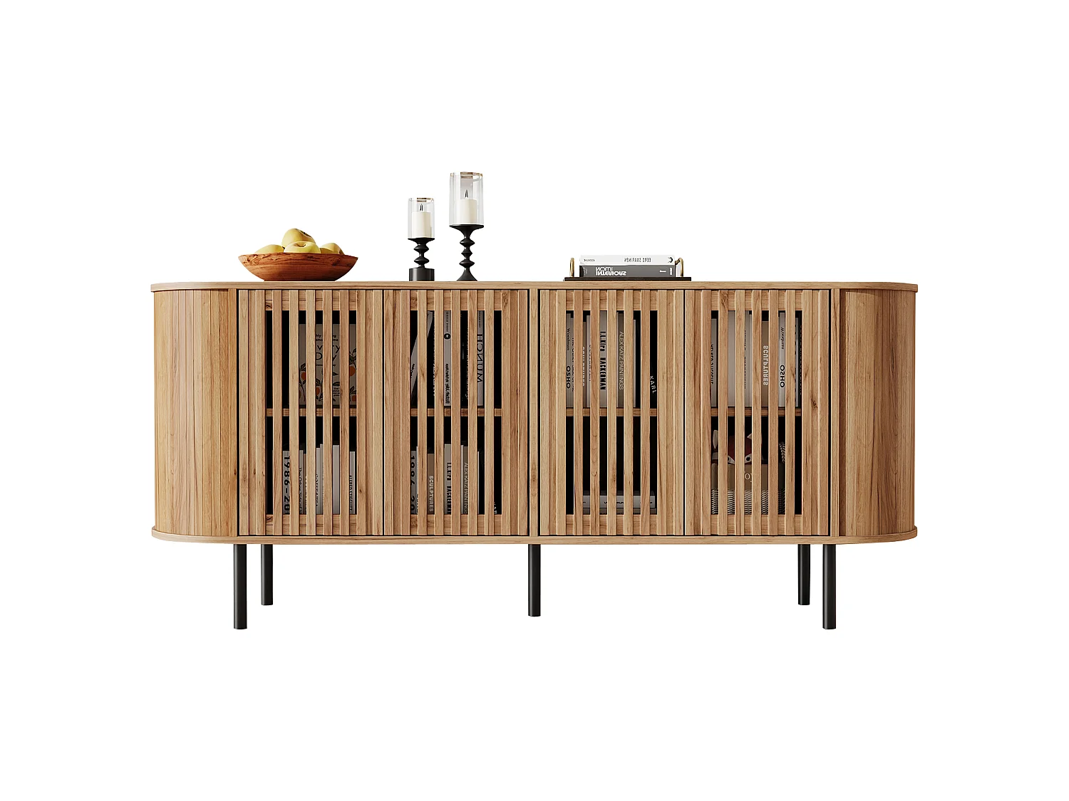Buffet moderne 160x40x70 cm - 4 portes coulissantes ajourées - Étagères réglables et pieds en métal - Finition bois - Naturel
