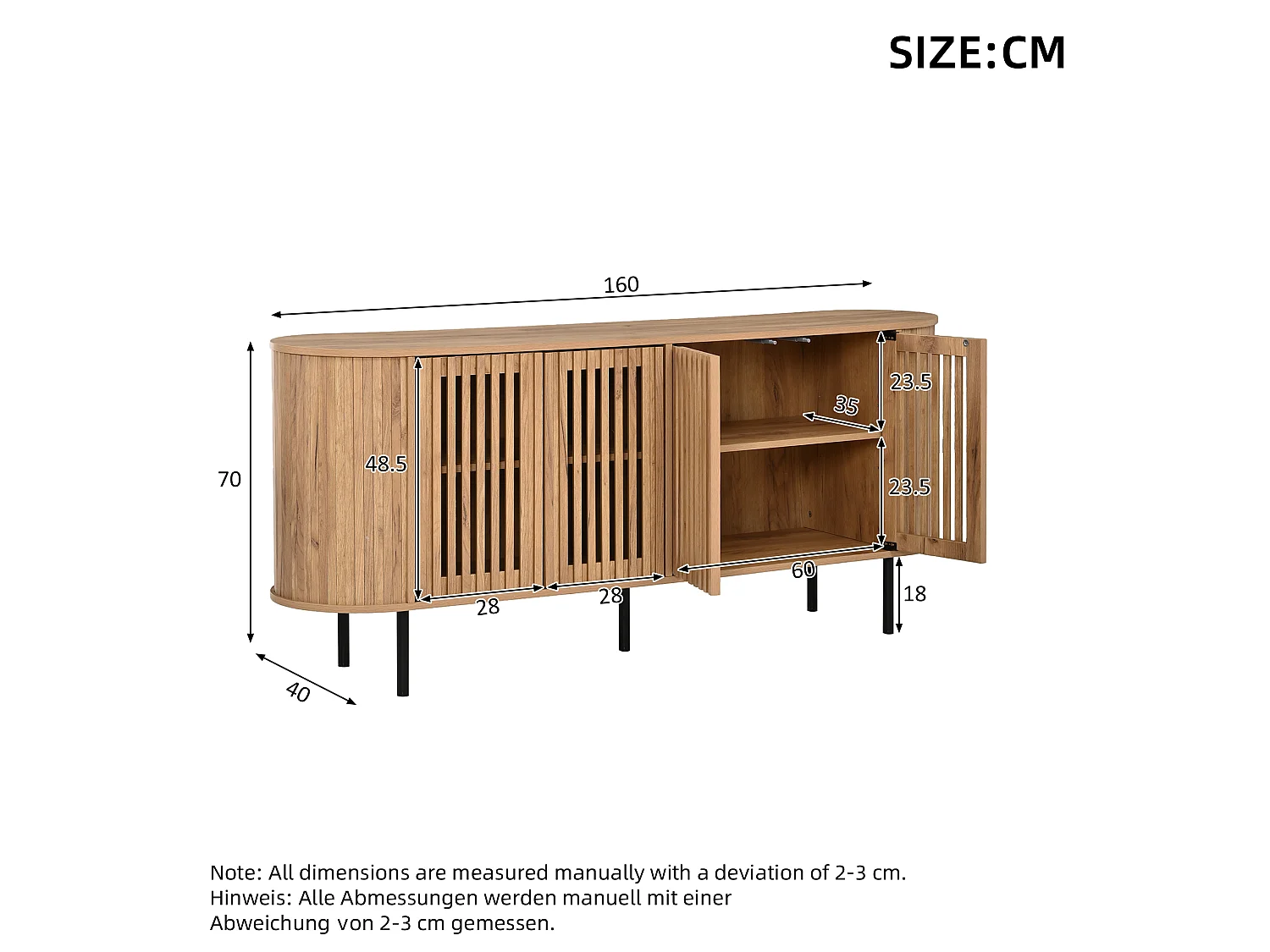 Buffet moderne 160x40x70 cm - 4 portes coulissantes ajourées - Étagères réglables et pieds en métal - Finition bois - Naturel