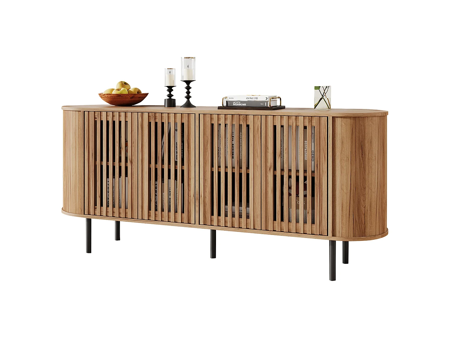 Buffet moderne 160x40x70 cm - 4 portes coulissantes ajourées - Étagères réglables et pieds en métal - Finition bois - Naturel