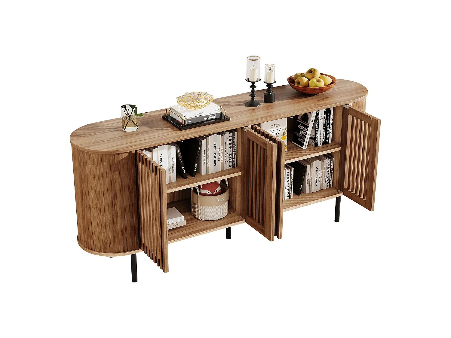 Buffet moderne 160x40x70 cm - 4 portes coulissantes ajourées - Étagères réglables et pieds en métal - Finition bois - Naturel