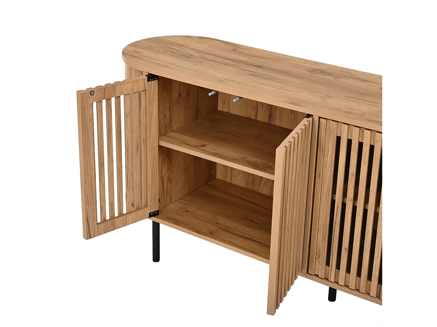 Buffet moderne 160x40x70 cm - 4 portes coulissantes ajourées - Étagères réglables et pieds en métal - Finition bois - Naturel
