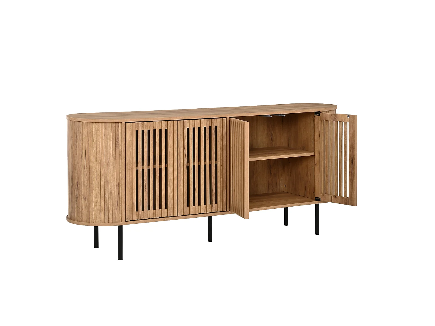 Buffet moderne 160x40x70 cm - 4 portes coulissantes ajourées - Étagères réglables et pieds en métal - Finition bois - Naturel