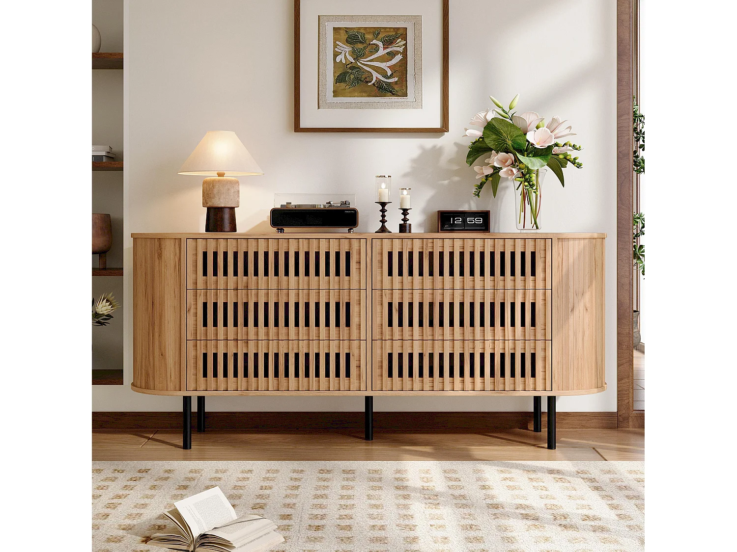 Buffet, commode moderne 160 x 40 x 70 cm - avec 6 tiroirs - Pieds en métal - Placage noyer - MDF - Naturel