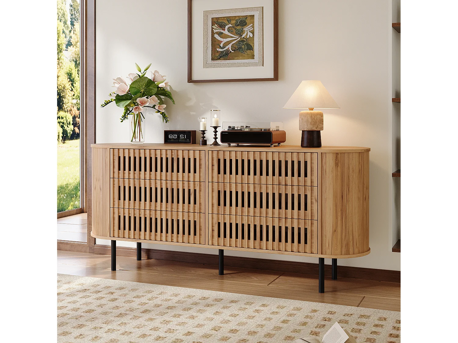 Buffet, commode moderne 160 x 40 x 70 cm - avec 6 tiroirs - Pieds en métal - Placage noyer - MDF - Naturel