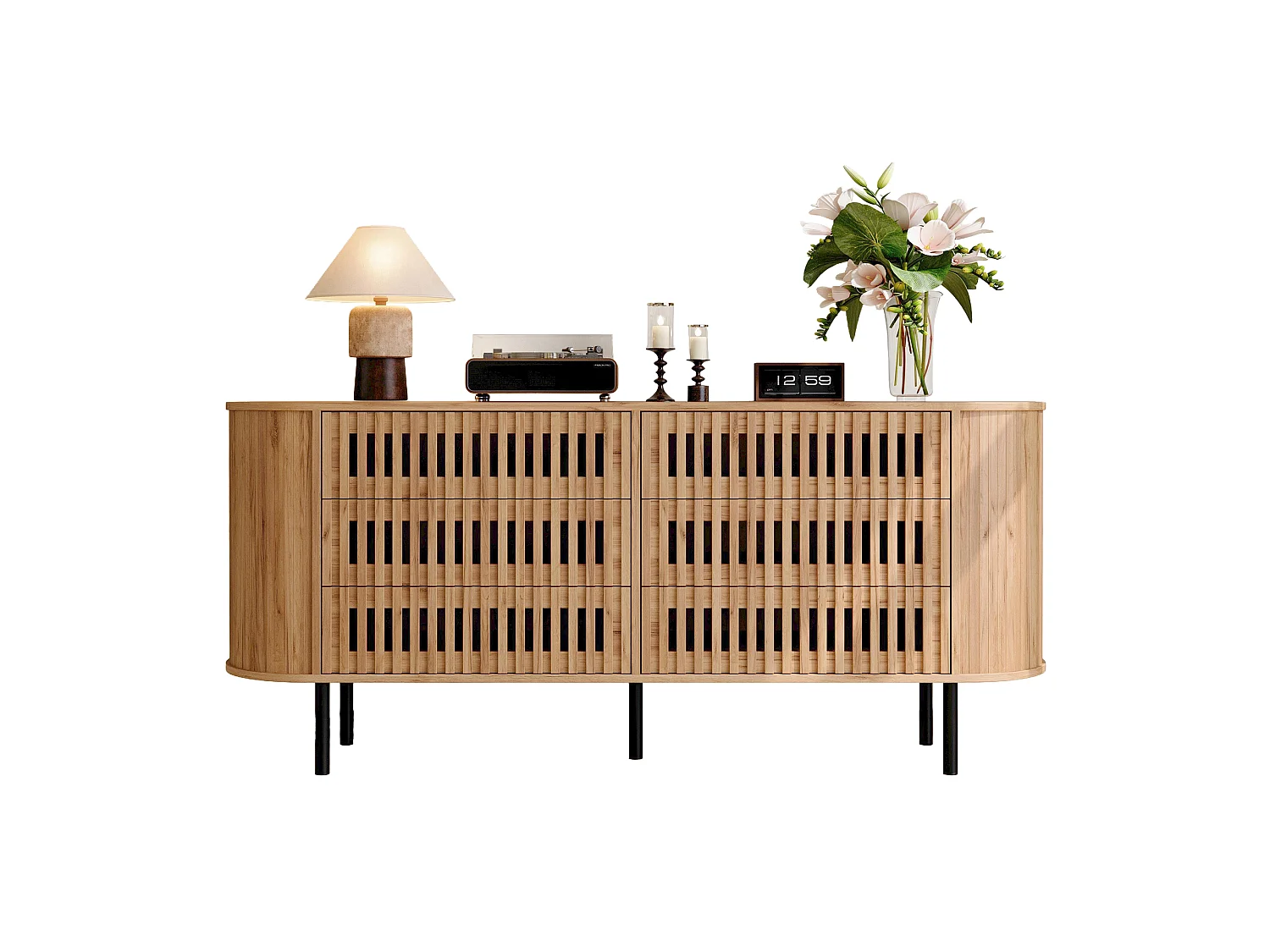 Buffet, commode moderne 160 x 40 x 70 cm - avec 6 tiroirs - Pieds en métal - Placage noyer - MDF - Naturel