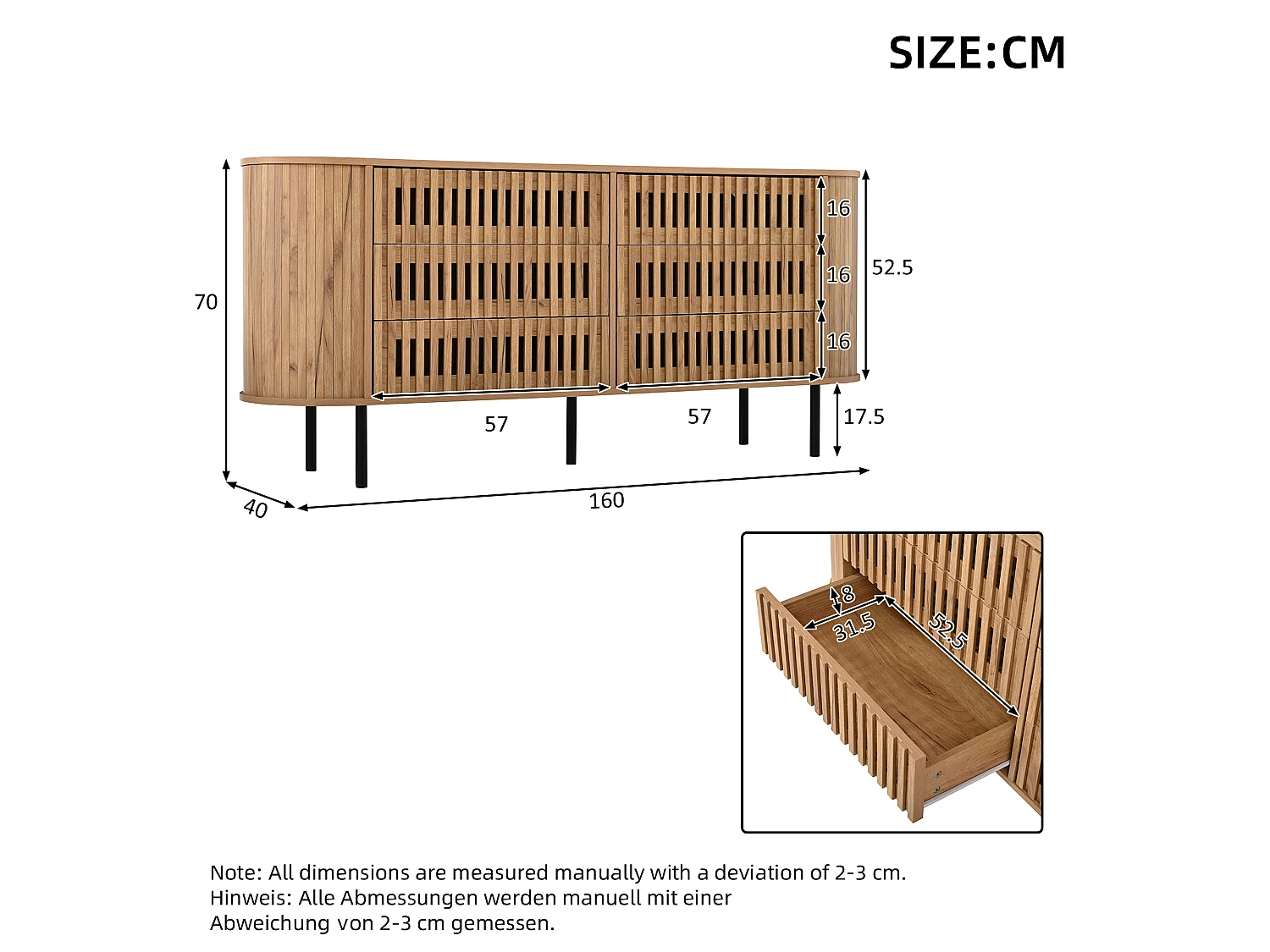 Buffet, commode moderne 160 x 40 x 70 cm - avec 6 tiroirs - Pieds en métal - Placage noyer - MDF - Naturel