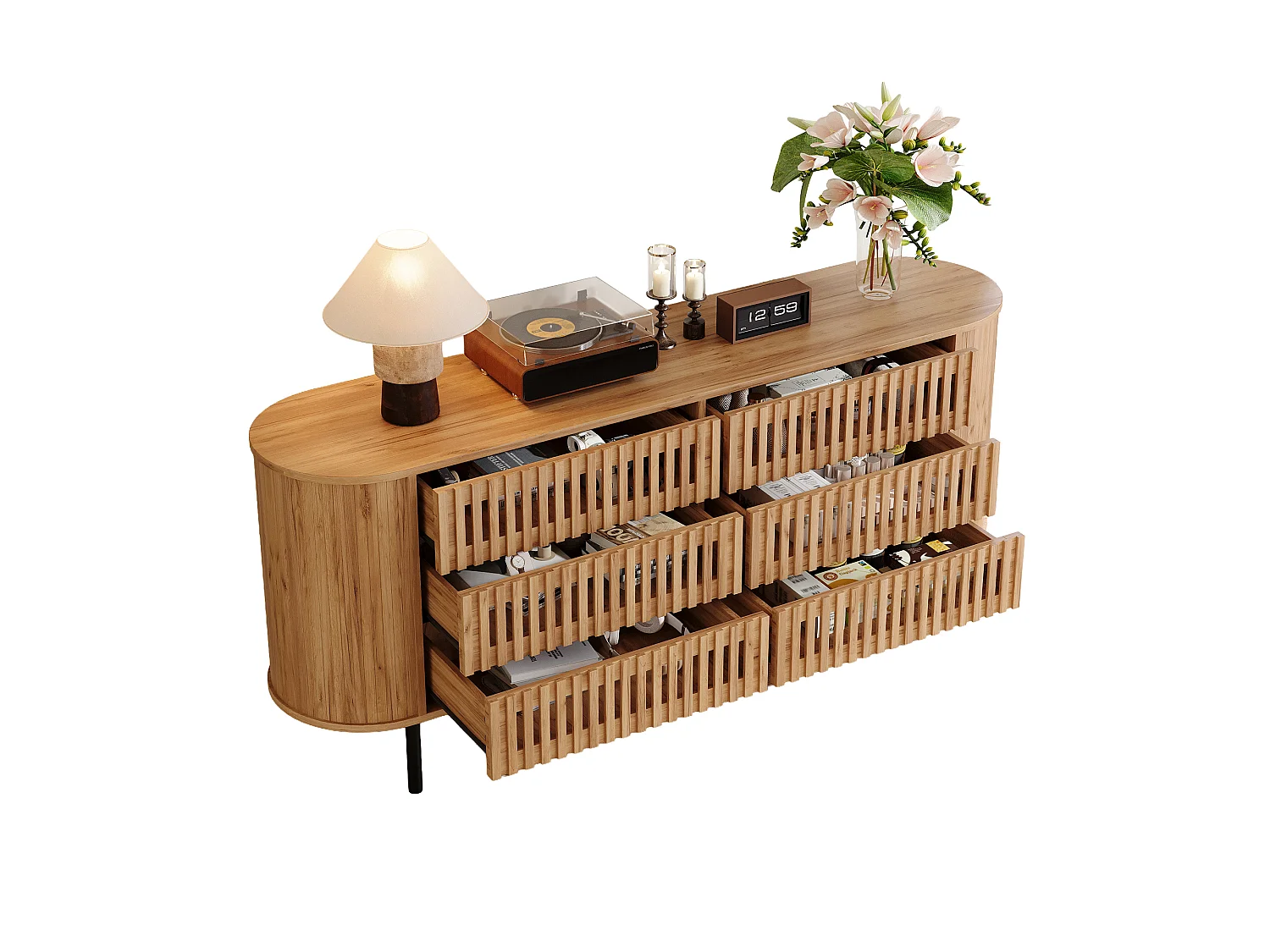 Buffet, commode moderne 160 x 40 x 70 cm - avec 6 tiroirs - Pieds en métal - Placage noyer - MDF - Naturel