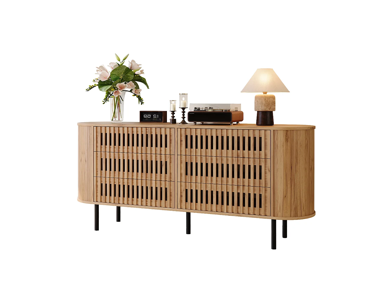 Buffet, commode moderne 160 x 40 x 70 cm - avec 6 tiroirs - Pieds en métal - Placage noyer - MDF - Naturel