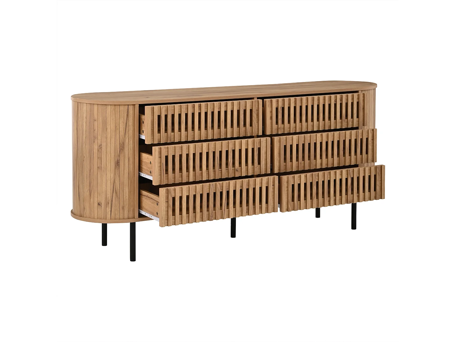 Buffet, commode moderne 160 x 40 x 70 cm - avec 6 tiroirs - Pieds en métal - Placage noyer - MDF - Naturel