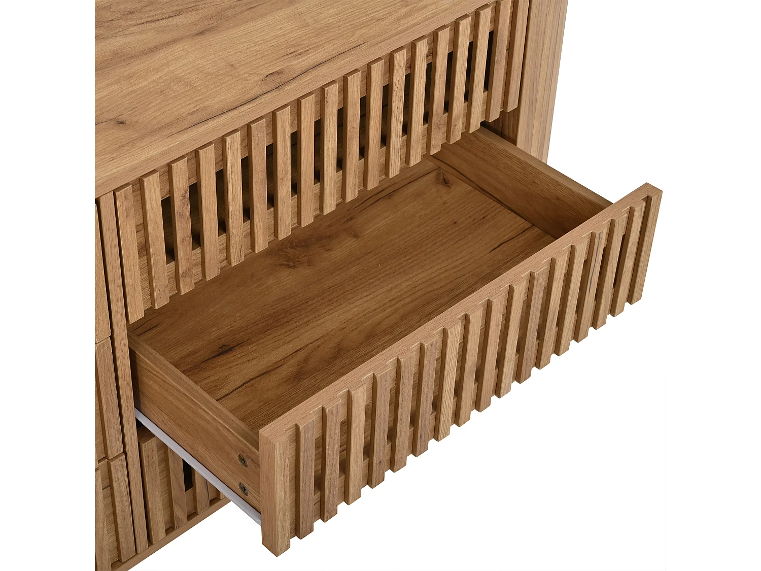 Buffet, commode moderne 160 x 40 x 70 cm - avec 6 tiroirs - Pieds en métal - Placage noyer - MDF - Naturel